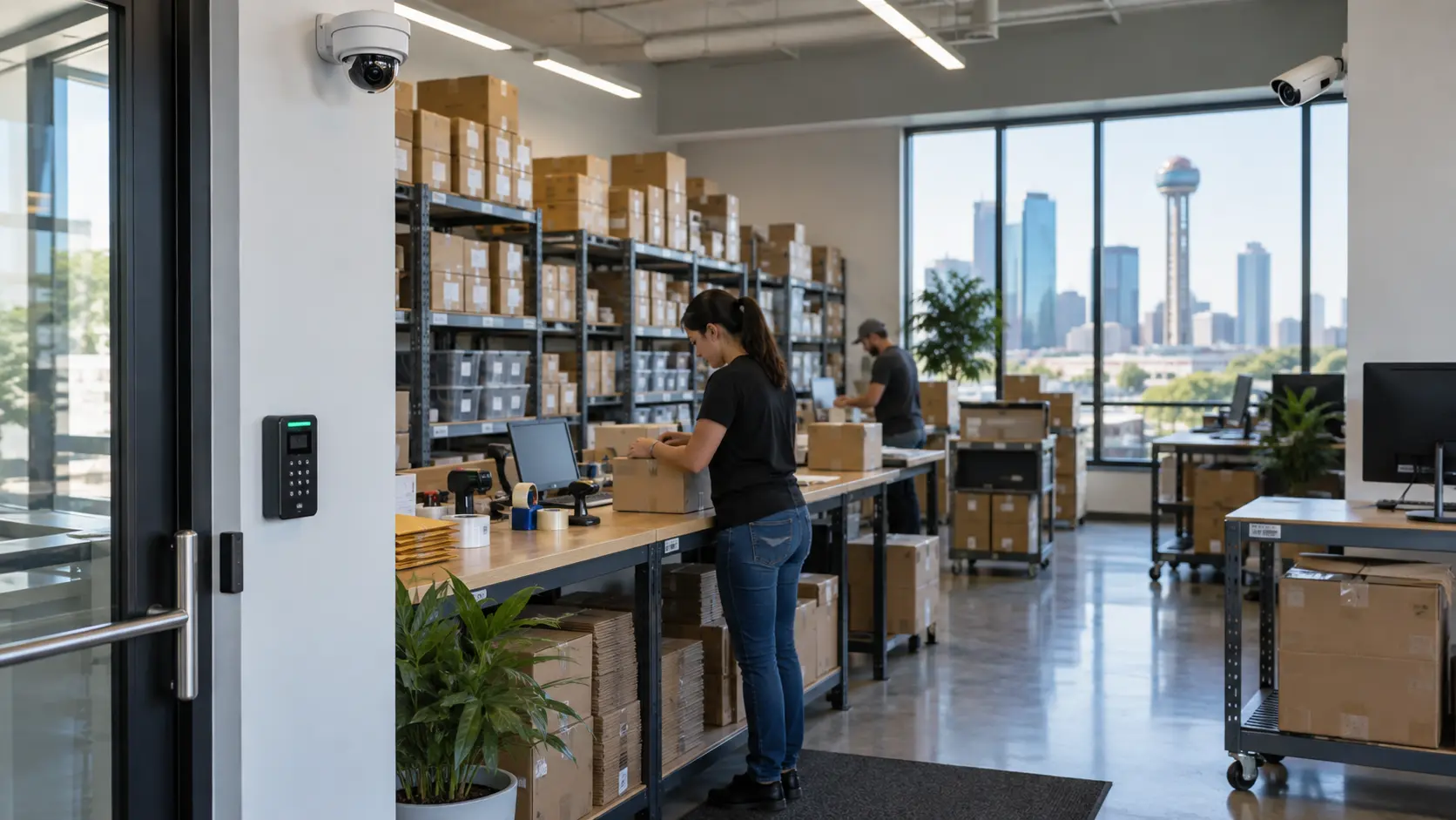 Ecommerce warehouse with inventory racks and fulfillment areas