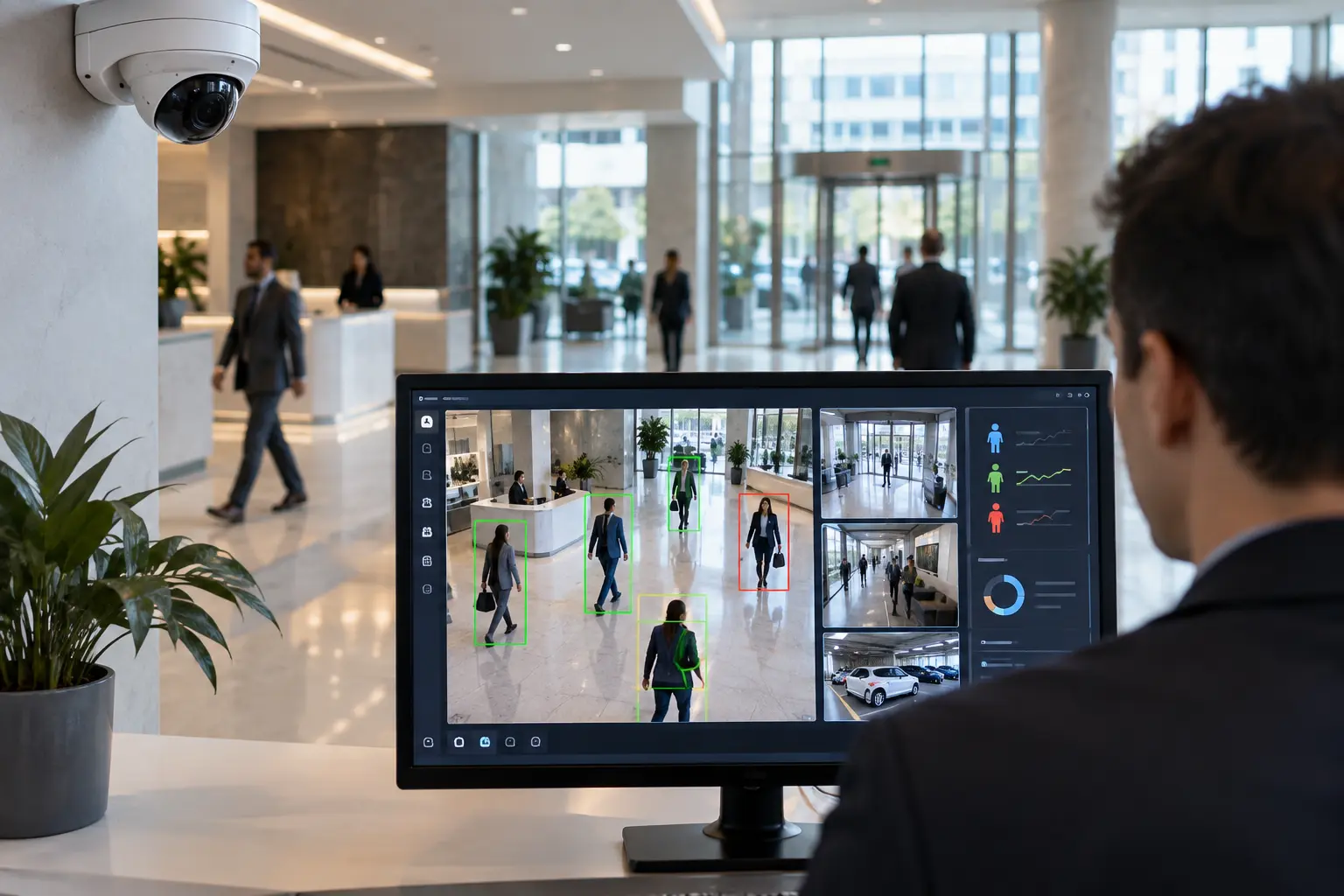 Outdoor-rated commercial security camera on building exterior