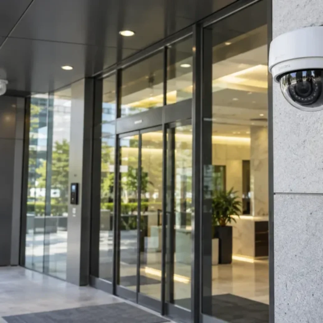 Modern Corporate Entrance with Security Cameras